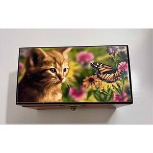 Vintage Cedar Wood Jewelry Trinket Box Boho w Kitten Cat Butterfly Flower Motif